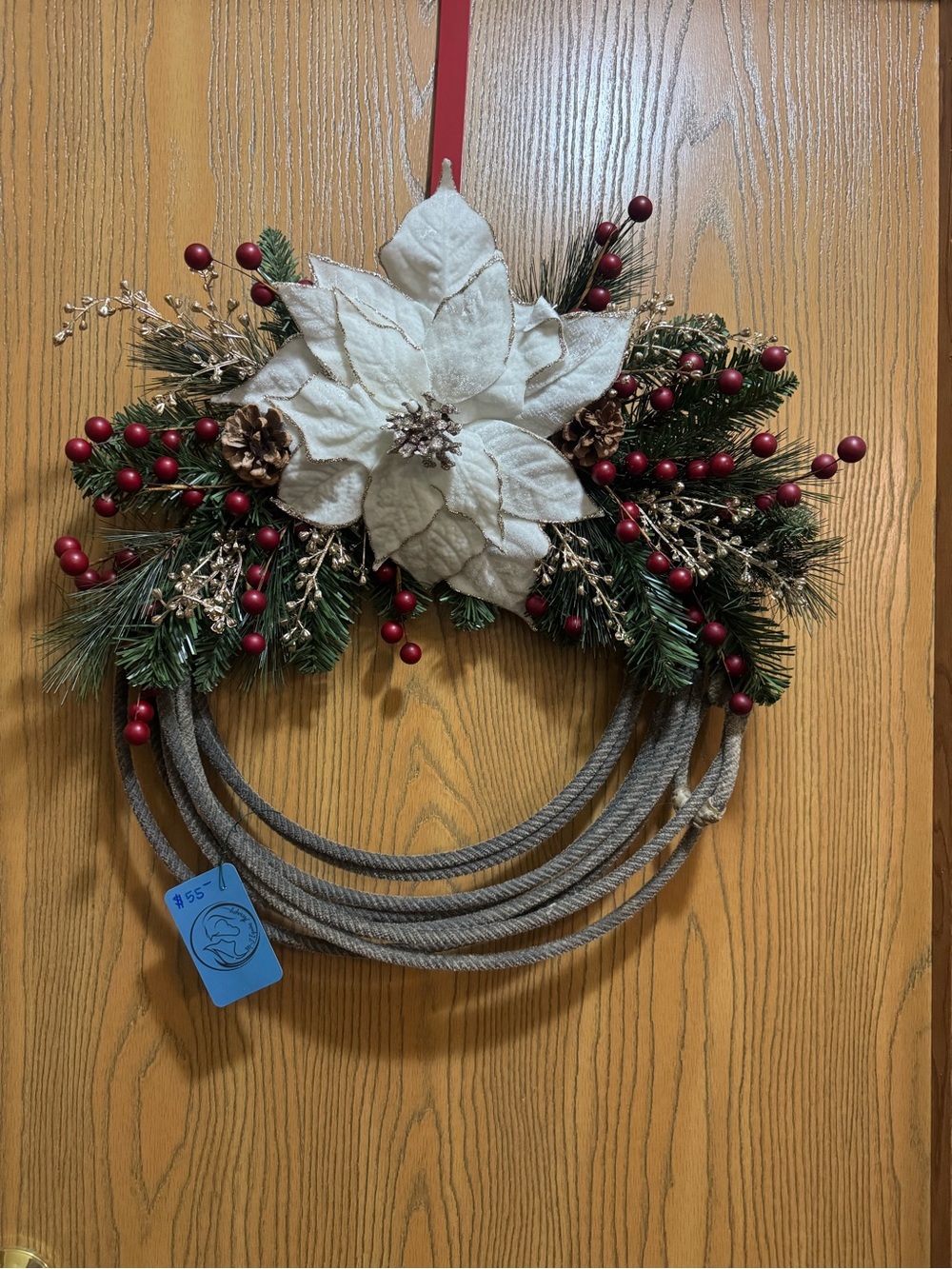 Festive White Poinsettia and Red Berry Holiday Wreath